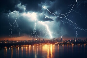 Naklejka na ściany i meble Stunning storm with dark clouds, lightning illuminating night city. Generative AI