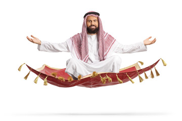 Saudi arab man floating on a magic carpet