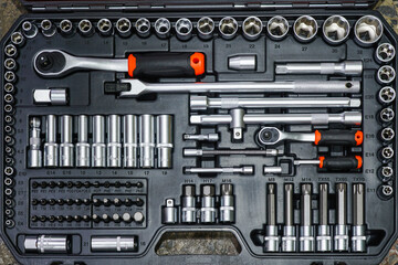 Universal tool box, tool kit with set of hex, torx and screwdriver bits and ratchet wrench sockets