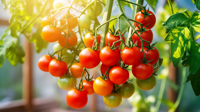 Close-up of plants with fresh tomatoes in the garden