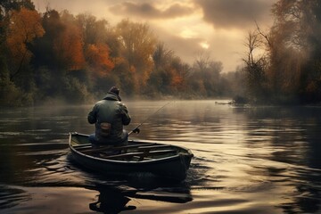 Man fishing in his boat in the middle of the river on an autumn day. Concept hobby, retirement - obrazy, fototapety, plakaty
