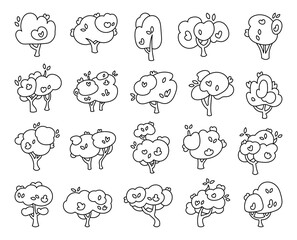 Deciduous tree. Coloring Page. Forest flora, agricultural garden and nature park plant. Hand drawn style. Vector drawing. Collection of design elements.