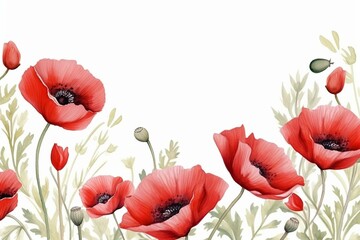 Floral border with watercolor poppies and leaves on white. Perfect for cards, weddings. Botanical illustration. Generative AI