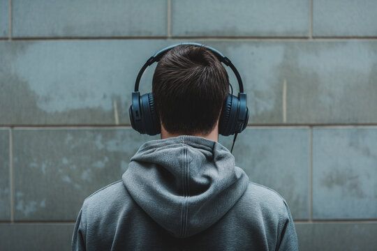 Man In Large Headphones Stands His Back To The Camera, Against The Background Of A Wall