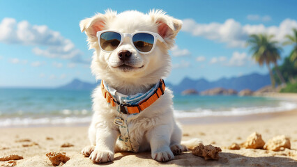 cute white puppy in sunglasses lies on the sandy seashore	