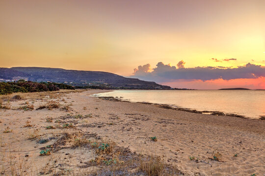 The sunset at Panagia beach in Kato Nisi of Elafonisos, Greece