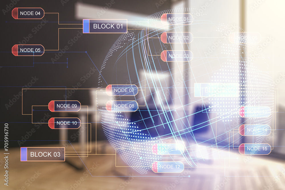Fototapete double exposure of abstract programming language with world map and modern desktop with laptop on ba