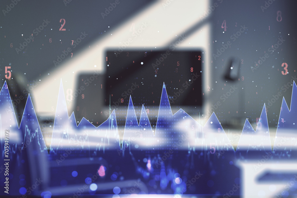 Aufkleber multi exposure of stats data illustration and modern desktop with computer on background, computing 