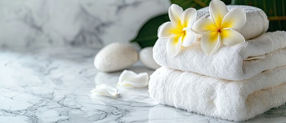 Fototapeta na wymiar A soothing spa arrangement with soft white towels complemented by plumeria flowers. Spa salon concept