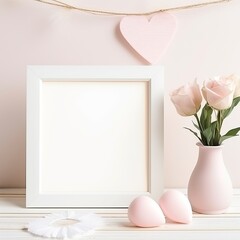 side view of a wooden frame on the table decorated for St. Valentines Day, lifestyle photography, full view, close up, white, pink and sage, clean and modern, shimmering, 16K HD, sharp focus, attentio