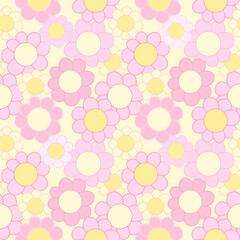 Seamless pattern with cartoon flowers for kid's wallpaper and textile design print kawaii pink yellow background 