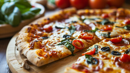 Delicious pizza on wooden background,. ai 