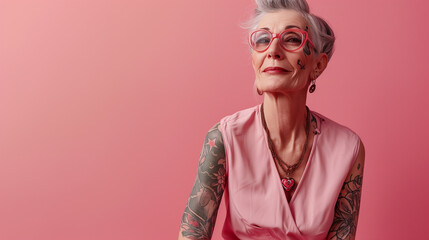 studio portrait of  adult woman with tattoos in pink t shirt, ai