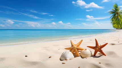Tropical beach with sea-star in sand, copyspace for text. Concept of summer relaxation.Generative AI