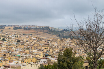 Fototapeta na wymiar Morocco, Fes - aerial view of the city and medina of Fez, including details.