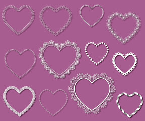 Valentines day, hearts frame with lace on pink backgtound. Vector illustration.