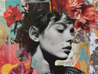 Paper collage with a fashion portrait of beautiful young woman, ai