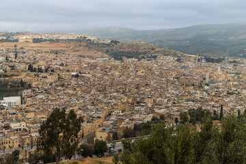 Fototapeta na wymiar Morocco, Fes - aerial view of the city and medina of Fez, including details.