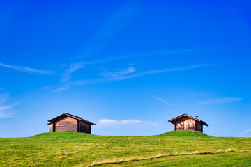 Obraz premium Two solitary wooden huts on a green meadow hill in warm afternoon sunlight against blue sky. Peaceful relaxing image. Italian dolomites, Trentino, Italy.