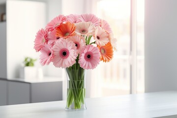 Bouquet of gerbera flower in vase on kitchen table