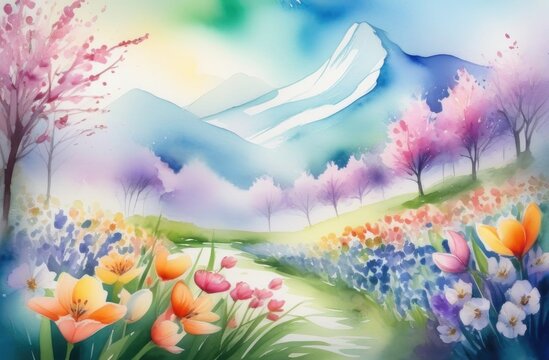 Beautiful bright colorful landscape in spring. Watercolor painting with mountains, blooming flowers and trees on a sunny day