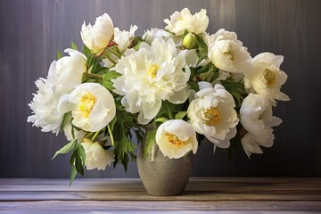 White peony flowers in vase on wooden background