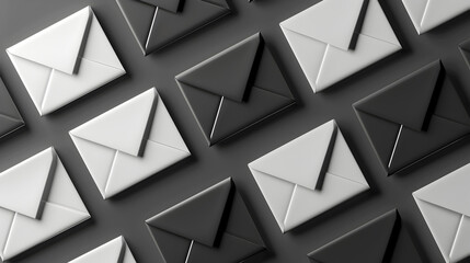 Black and white email icons, scattered arrangement, 3D perspective. Contrast email envelopes, 3D depth, abstract layout. Monochromatic mail envelope symbols, assorted design, artistic shadows