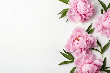 Fototapeta na wymiar Flat lay of pink peony flowers with copyspace on white background