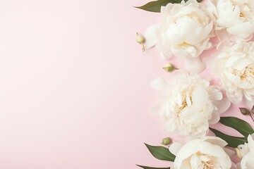 Obraz na płótnie Canvas Flat lay of white peony flowers with copyspace on pink background