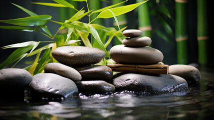 spa stones in garden with water flow and bamboo.Generative AI