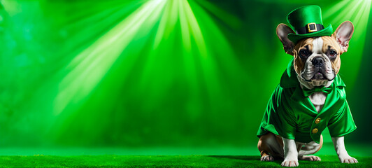 French bulldog wearing Leprechauns costume on a green background. St. Patricks day banner with copy space.