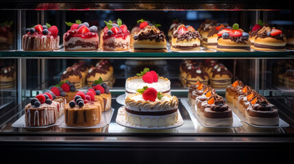 Various cakes and brownies with frosting in a refrigerated bakery cabinet. counter with sweets - obrazy, fototapety, plakaty