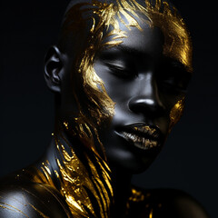 Handsome african man painted in black skin color with gold color paint on face