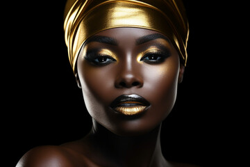 Beautiful close up of an African woman with gold lips and head wrap