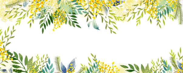 Horizontal frame with Yellow mimosa. Spring wreath of the brightest yellow flowers. Hello Spring . hand drawing. Not AI, - obrazy, fototapety, plakaty
