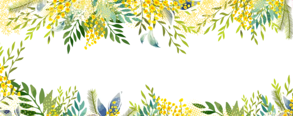 Tuinposter Horizontal frame with Yellow mimosa. Spring wreath of the brightest yellow flowers. Hello Spring . hand drawing. Not AI, © Мария Неноглядова
