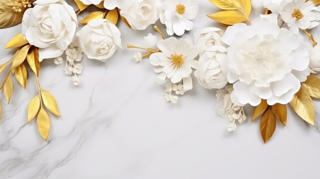 White and gold flowers on white marble background. Flat lay, top view