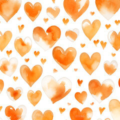 Seamless pattern with orange watercolor hearts on white background