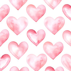 Seamless pattern with pink watercolor hearts on white background