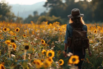 Rolgordijnen A woman strolls through a sunset-lit sunflower field from behind © yuliachupina