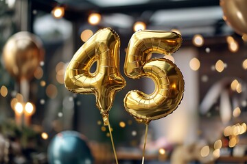 45. Geburtstag, "45" aus goldenen Heliumballons, festlicher Hintergrund