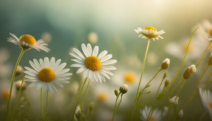Beautiful chamomile flowers in meadow. Spring or summer nature scene with blooming daisy