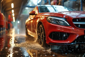 Red luxury car close-up in a high-pressure washer - obrazy, fototapety, plakaty