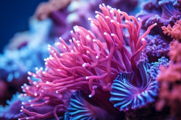 Naklejka na ściany i meble Colorful coral reefs close up, exotic sea life and merfolk in a tropical undersea world.