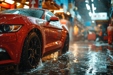 Red luxury car close-up in a high-pressure washer - obrazy, fototapety, plakaty