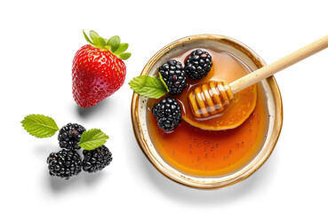 Pancake on a plate with honey, blackberries, and strawberry isolated on white or transparent background - Powered by Adobe