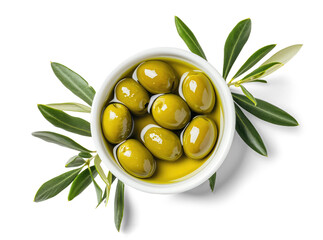 Green olives in olive oil with leaves isolated on white or transparent background, top view - obrazy, fototapety, plakaty