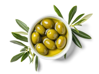 Tragetasche Green olives in olive oil with leaves isolated on white or transparent background, top view © Miquel