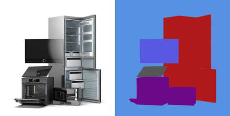 Modern open built in kitchen appliances set 3d render on white with alpha