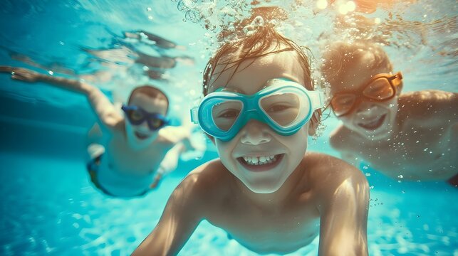 Gemeinsamer Schwimmspa&szlig;: Kinder mit Taucherbrillen im Pool